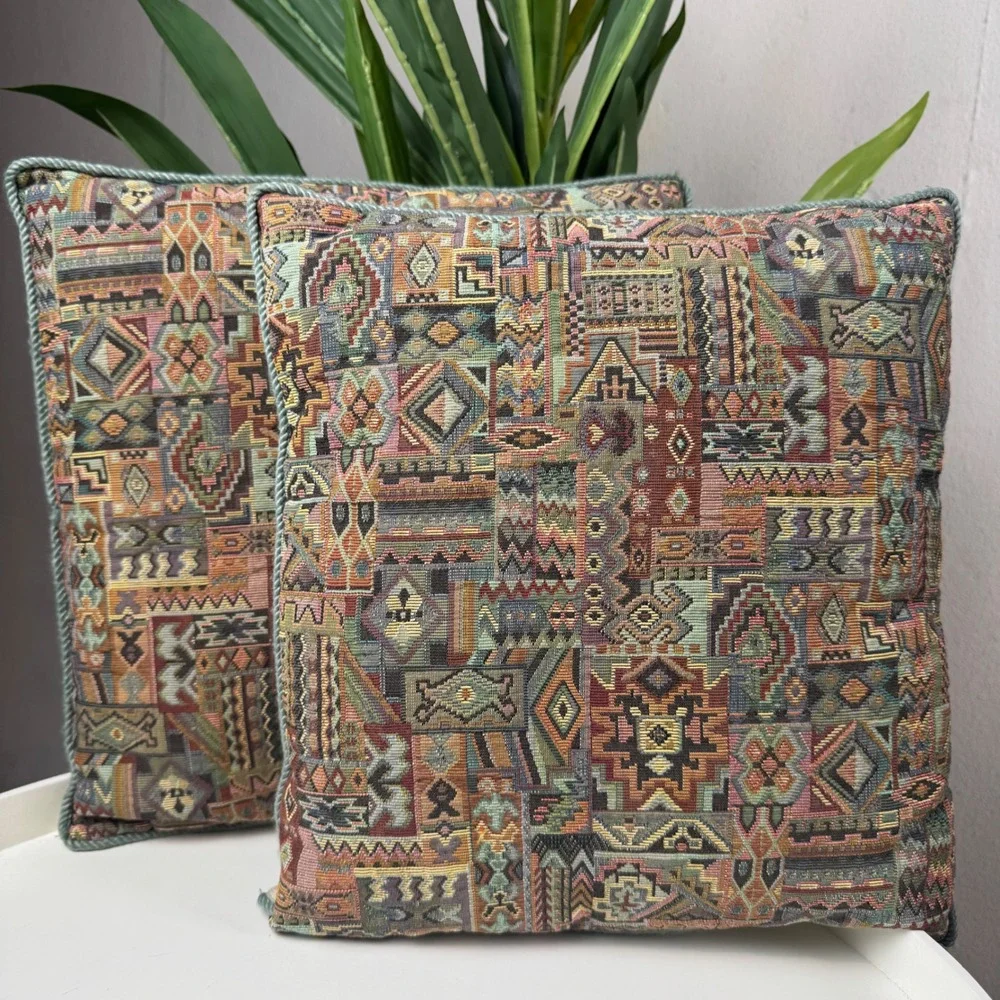 Set of Two Vintage Earthy Southwestern Aztec Geometric Woven Throw Pillows 13x13